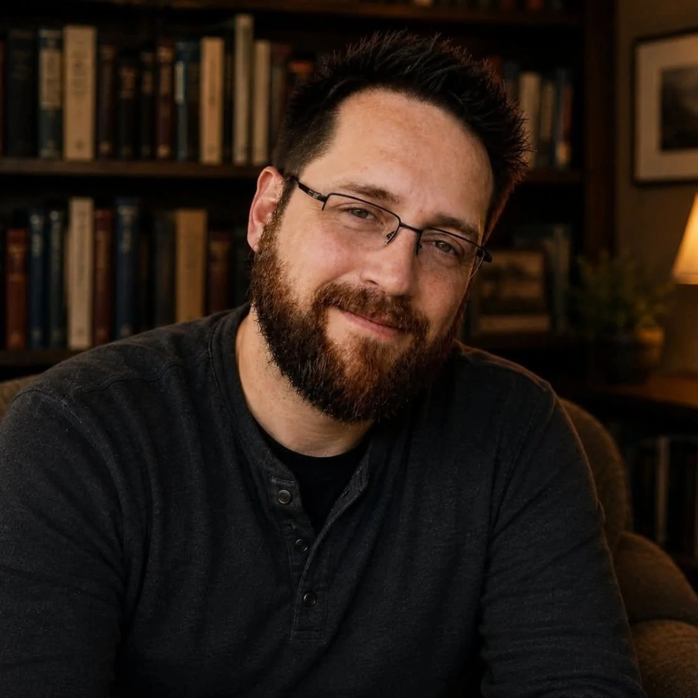 Author Ben Markel seated in a warm study